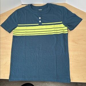 Super Soft Henley Boys Blue Top with Lime Green Stripes